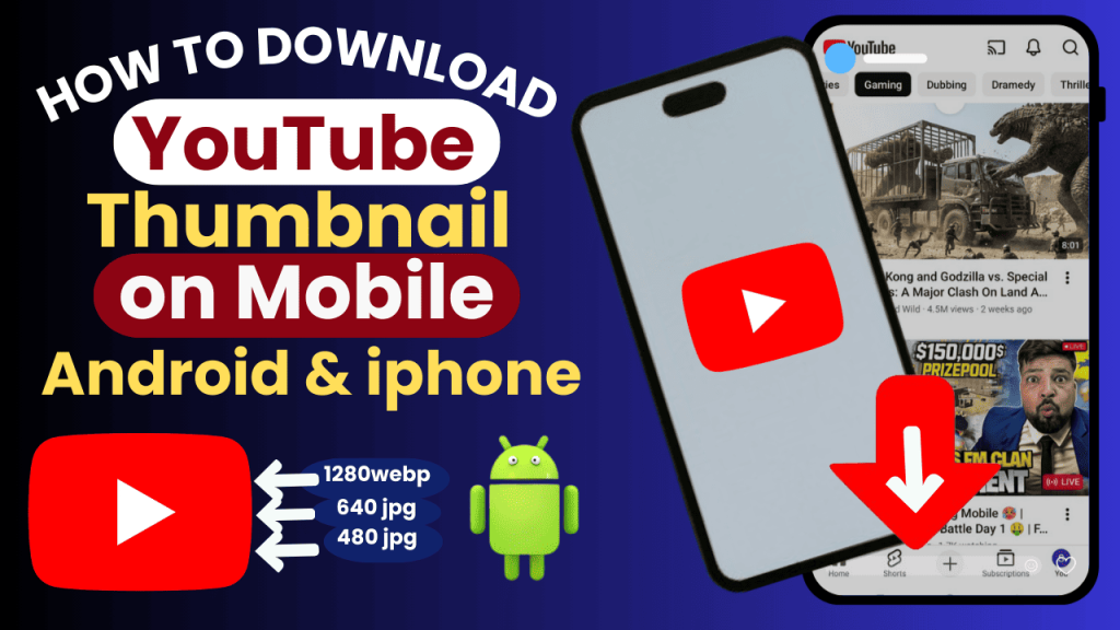 How to download YouTube thumbnail on mobile using Android and iPhone, showing HD, Full HD, and 4K thumbnail options with YouTube app preview.