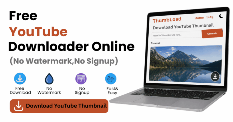 Free YouTube thumbnail downloader online tool showing HD thumbnail download without watermark or signup on ThumbLoad.net