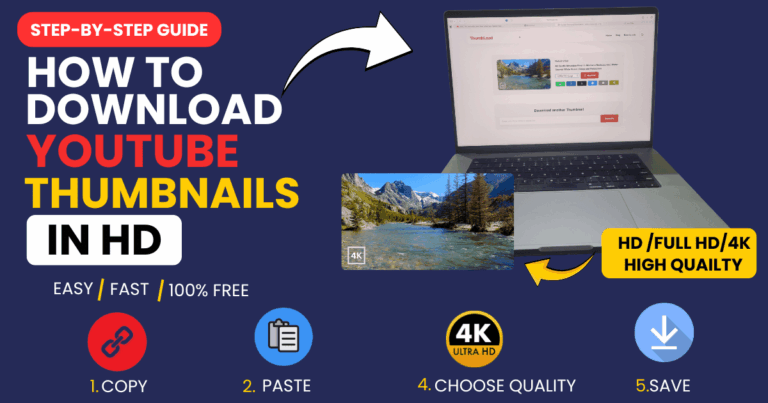 Step-by-step guide showing how to download YouTube thumbnails in HD, Full HD, and 4K quality using a simple copy, paste, select quality, and save process.
