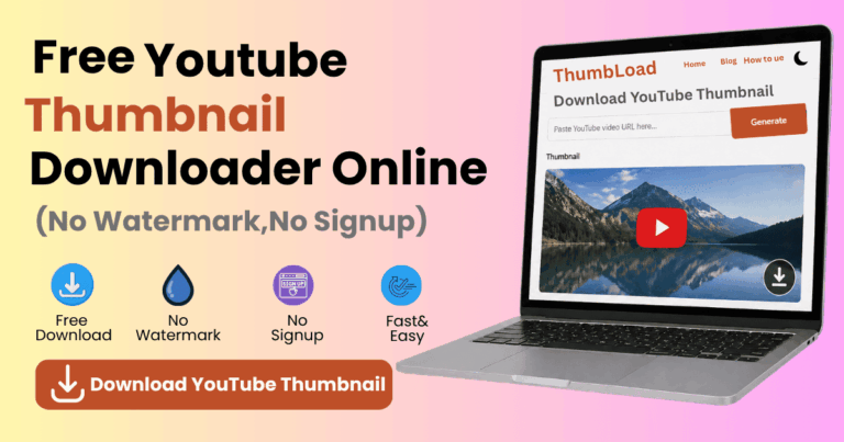 Free YouTube thumbnail downloader online tool showing HD thumbnail download without watermark or signup on ThumbLoad.net