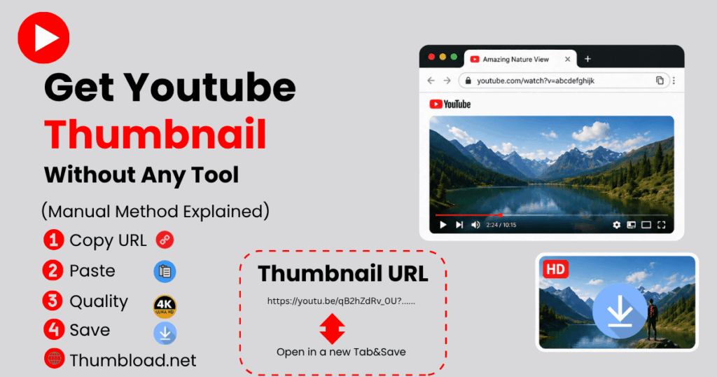 Illustration showing a step-by-step guide to downloading a YouTube thumbnail manually without using any tool. The graphic includes a YouTube video preview, instructions to copy and paste a video URL, choose quality, and save the thumbnail image. It also features a sample thumbnail download preview with an HD icon and download button.