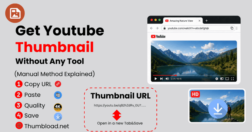 Illustration showing a step-by-step guide to downloading a YouTube thumbnail manually without using any tool. The graphic includes a YouTube video preview, instructions to copy and paste a video URL, choose quality, and save the thumbnail image. It also features a sample thumbnail download preview with an HD icon and download button.